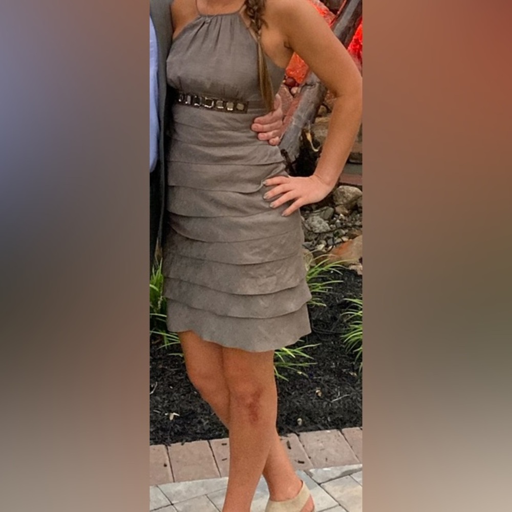 Adrianna Papell Bronze Tier Ruffle Midi Dress with Gem Belt
